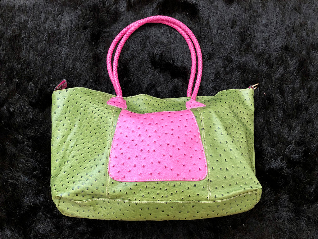 Leather Ostrich Pattern Pink & Green Travel Bag